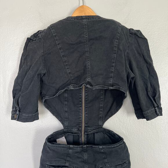 Retrofete Kiara Denim Jumpsuit Black Dark Cutouts V-Neck Puff Sleeves Women's S - Picture 9 of 14